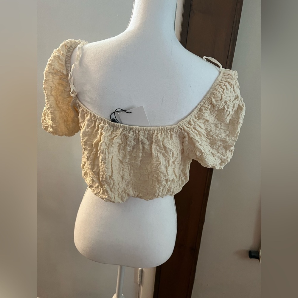 Zara Cotton Blend Gauzy Textured Square Neck Puff Sleeves Crop Top Cream L - Picture 7 of 17